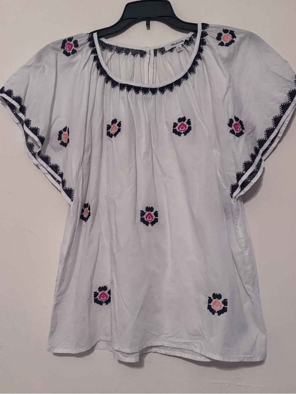 Madewell Women’s White Black Floral Embroidered Flutter Sleeve Boho Blouse XXS